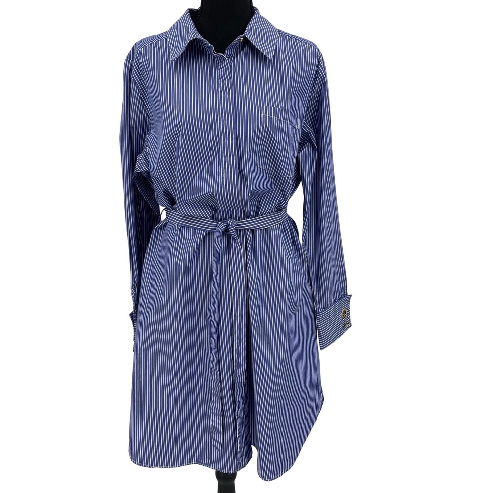 Calvin Klein Shirt Dress‎ Womens 14 Blue Cotton Striped Belted Mini Classic Chic